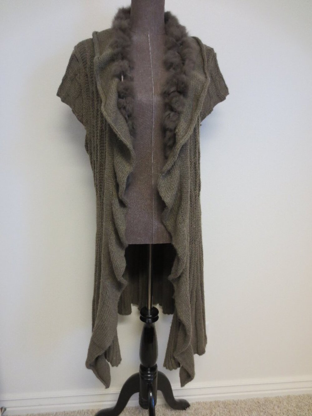 Avalin Short Sleeve Long Cardigan Sweater Duster Jacket Brown Faux Fur Trim - M
